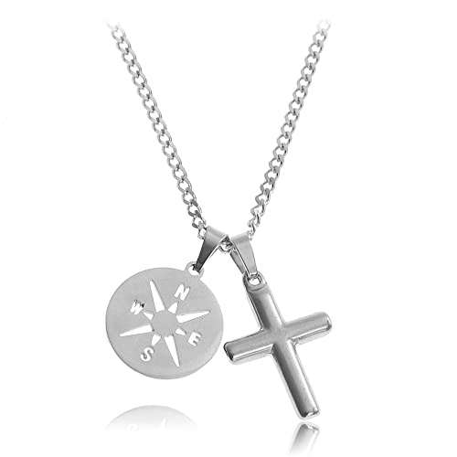 Halskette mit Kompass & Kreuz-Anhänger Silber •...