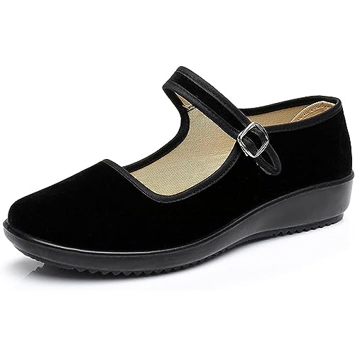 AioTio Samt Mary Jane Schuhe Damen Schwarz...