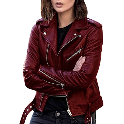 Yokbeer Casual Damen Kurze Lederjacke Kunstleder...