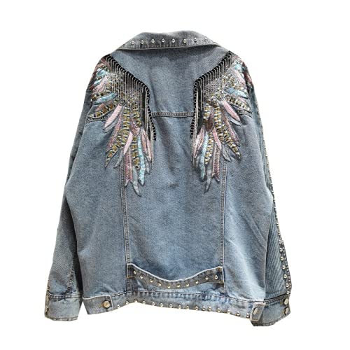FBYDLL Damen Stickerei Jeansjacke - Federflügel...