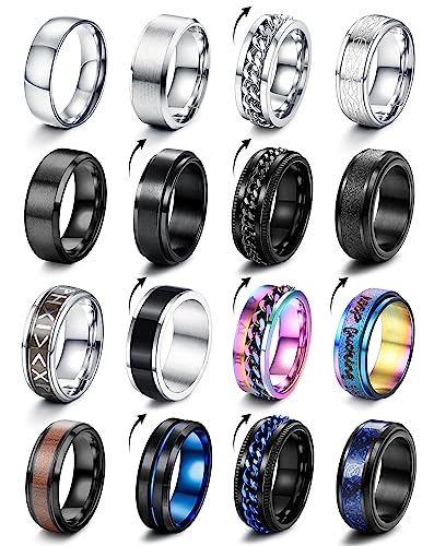 CASSIECA 16 Stück Edelstahl Ringe Herren Fidget...
