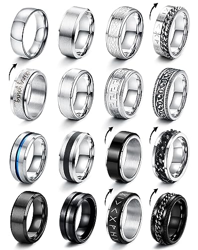 CASSIECA 16 Stück Edelstahl Herren Ringe Silber...