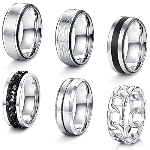 JeweBella 6 Stück Ringe Herren Silber Edelstahl...