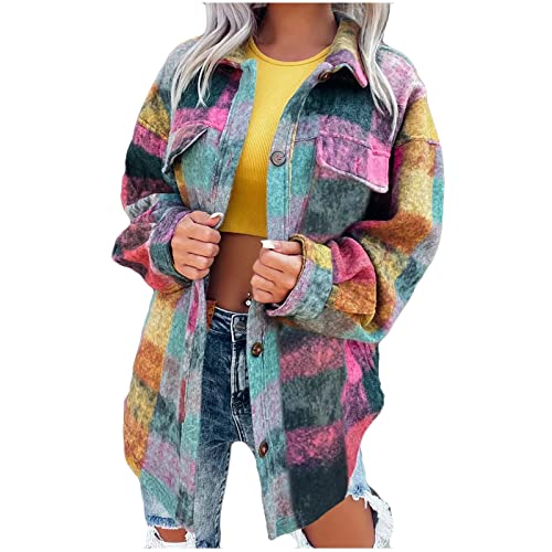 Damen Hemdjacke Karierte Shacket Langarm Hemd...