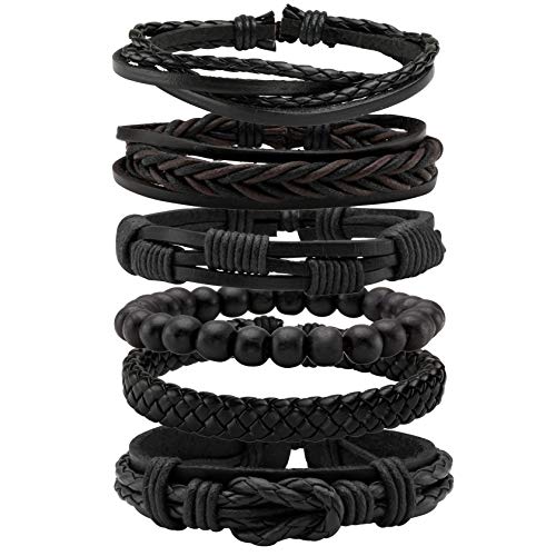 MILAKOO 6 STK. Schwarz geflochtene Lederarmbänder...